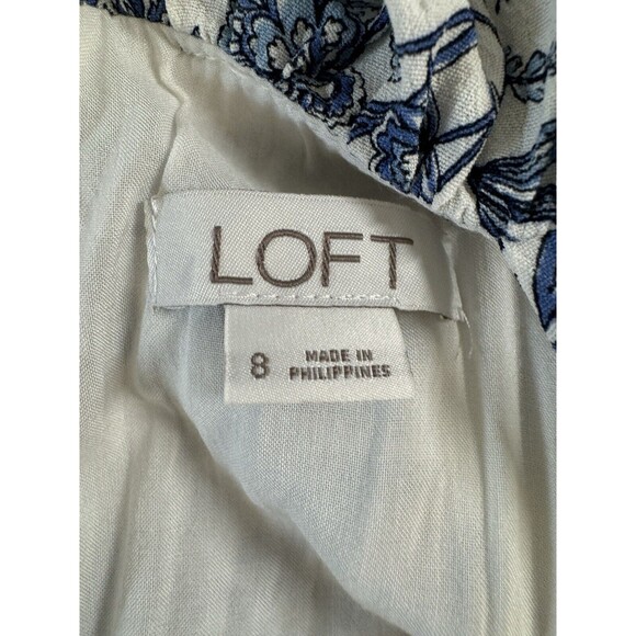 Loft Trellis Ruffle Jumpsuit Sz 8 Pockets Floral Blue White Crop Wide Leg EUC - Picture 8 of 10